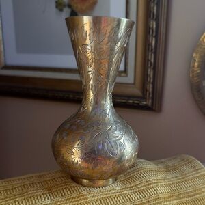Vintage Cottagecore & Boho Floral Etched Brass Floral Vase